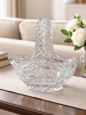 Vintage Crystal Clear Cut-Glass Decorative Basket